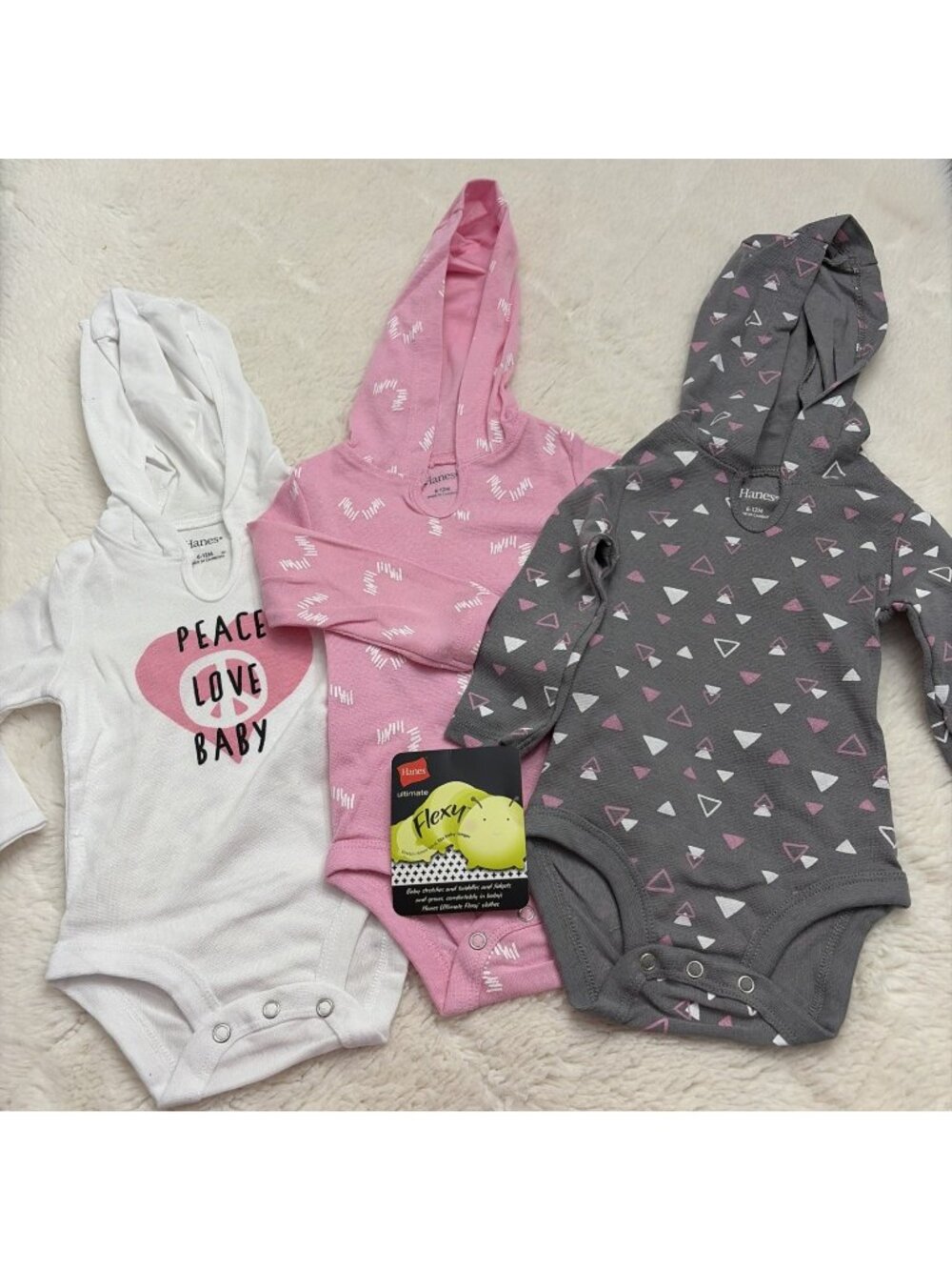 Hanes Ultimate Flexi Body Suit Set Baby 6/12M Peace Love Hooded Long Sleeve